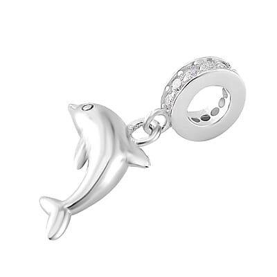 Simulated Diamond Dolphin Charm in Rhodium Over Sterling Silver