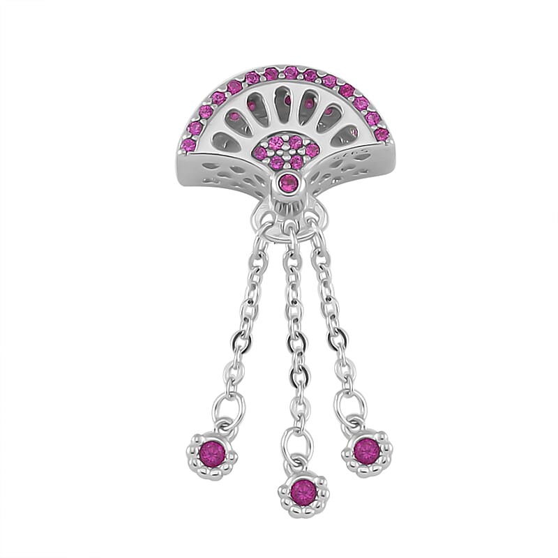 Simulated Ruby Color Diamond Fan Flutters Charm in Rhodium Over Sterling Silver