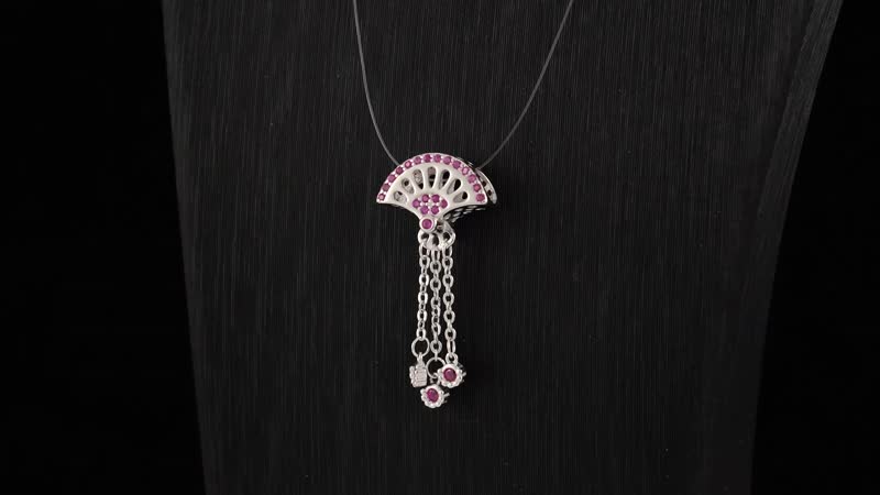 Simulated Ruby Color Diamond Fan Flutters Charm in Rhodium Over Sterling Silver 0.50 ctw