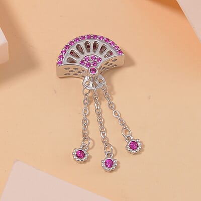 Simulated Ruby Color Diamond Fan Flutters Charm in Rhodium Over Sterling Silver