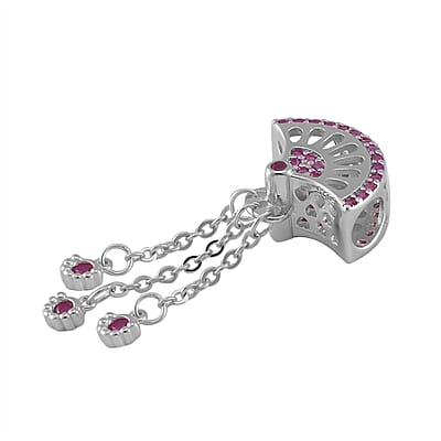 Simulated Ruby Color Diamond Fan Flutters Charm in Rhodium Over Sterling Silver