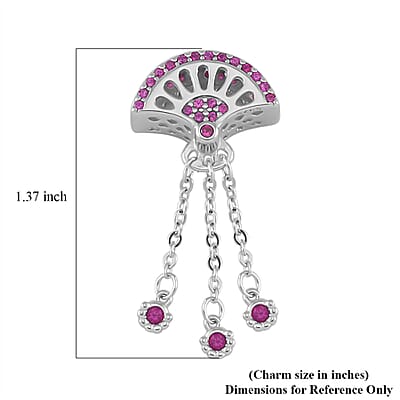 Simulated Ruby Color Diamond Fan Flutters Charm in Rhodium Over Sterling Silver