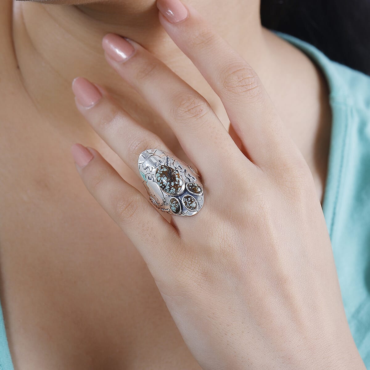 D'Joy Artisan Crafted Blue Horizon Turquoise 5.10 ctw Kokopelli Ring in Sterling Silver (Size 9.0) image number 2