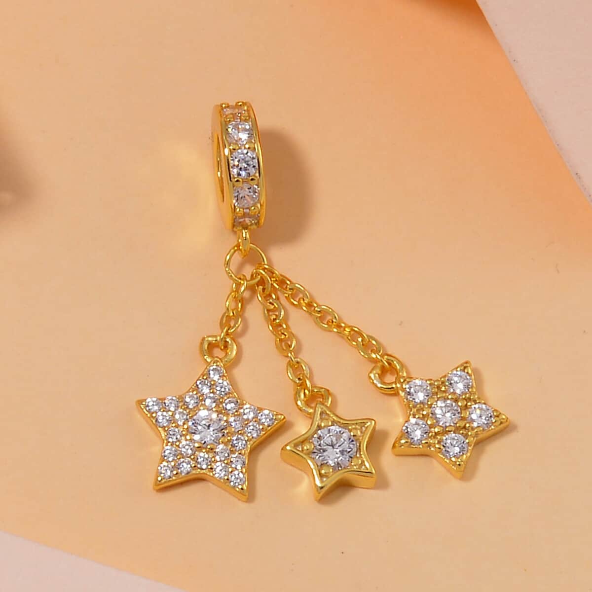 Simulated Diamond Three Stars Charm in 14K Yellow Gold Over Over Sterling Silver image number 1