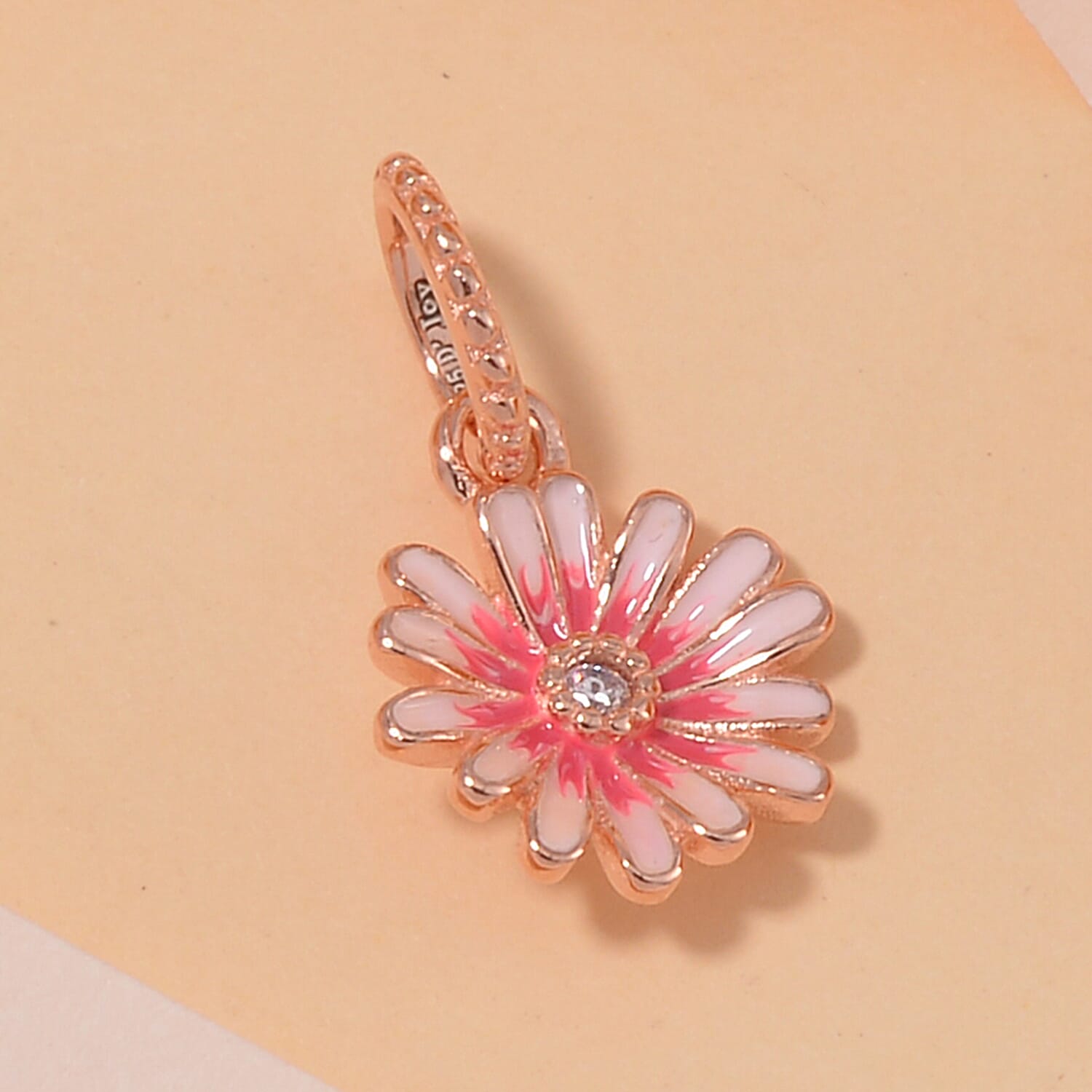 Simulated Diamond, Enameled Chrysanthemum Charm in 14K Yellow Gold Over Sterling Silver