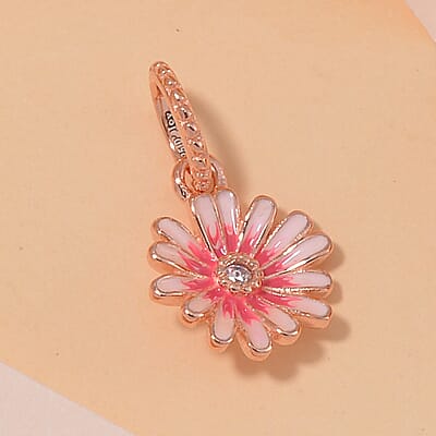 Simulated Diamond, Enameled Chrysanthemum Charm in 14K Yellow Gold Over Sterling Silver