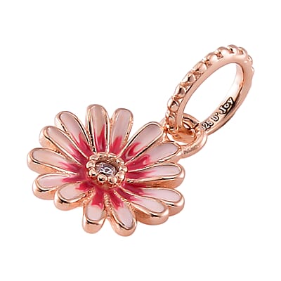 Simulated Diamond, Enameled Chrysanthemum Charm in 14K Yellow Gold Over Sterling Silver