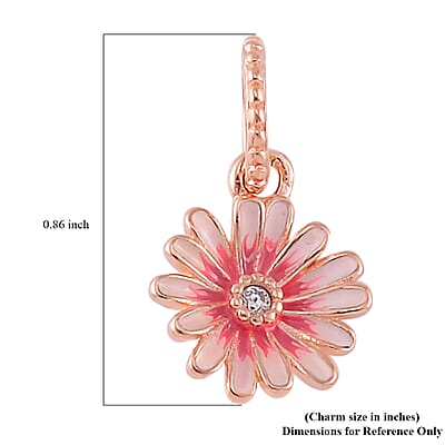 Simulated Diamond, Enameled Chrysanthemum Charm in 14K Yellow Gold Over Sterling Silver