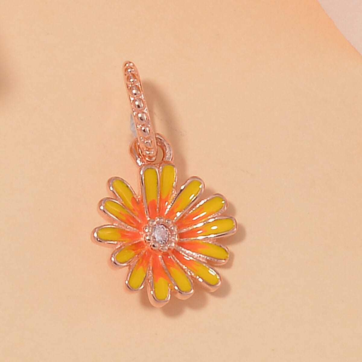Simulated Diamond, Enameled Chrysanthemum Charm in 14K Rose Gold Over Sterling Silver image number 1