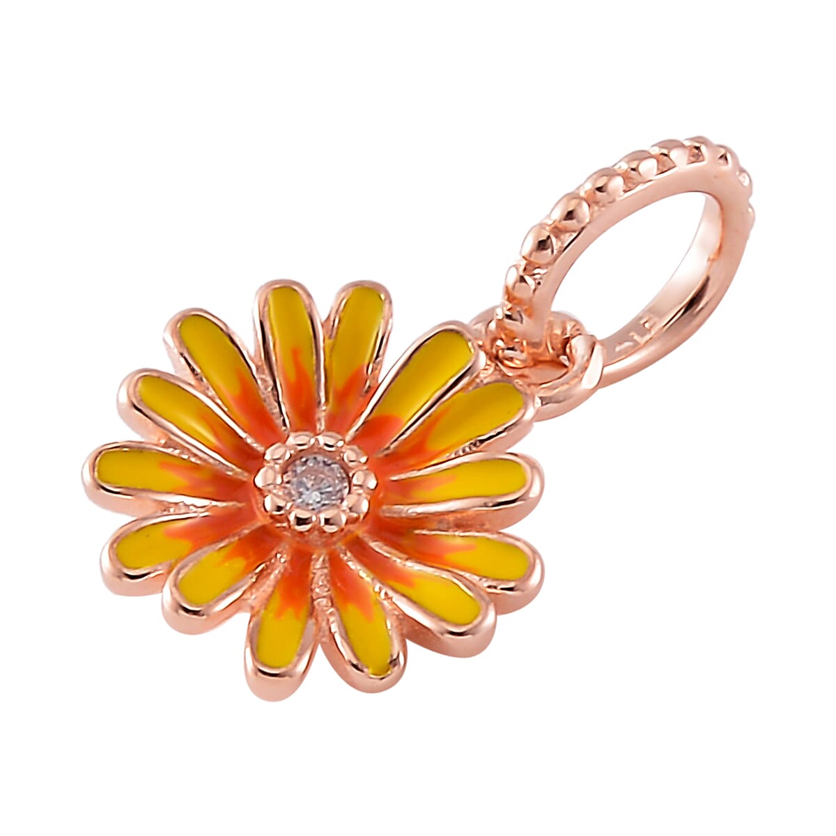 Simulated Diamond, Enameled Chrysanthemum Charm in 14K Rose Gold Over Sterling Silver image number 2