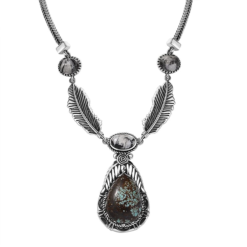 D'Joy Artisan Crafted Blue Horizon Turquoise, White Buffalo 17.65 ctw Feather Necklace in Black Oxidized Sterling Silver 18-20 Inches