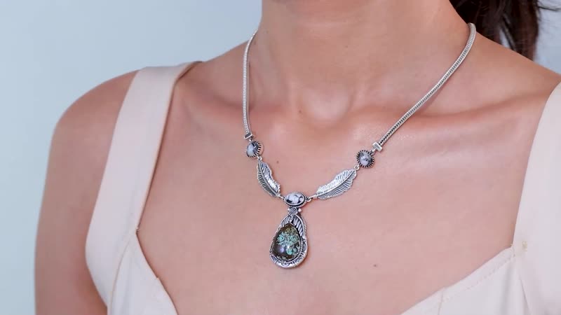 D'Joy Artisan Crafted Blue Horizon Turquoise, White Buffalo 17.65 ctw Feather Necklace in Black Oxidized Sterling Silver 18-20 Inches