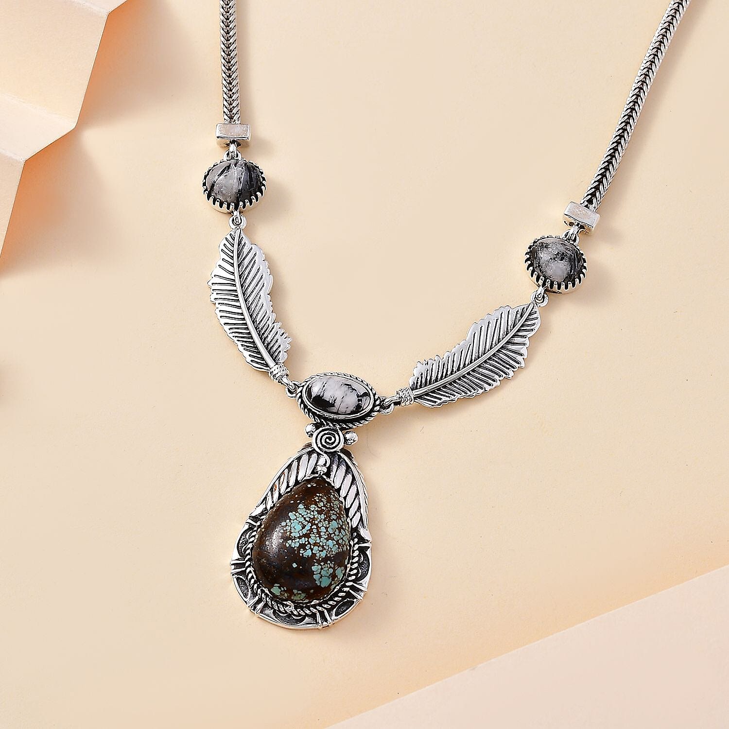 D'Joy Artisan Crafted Blue Horizon Turquoise, White Buffalo 17.65 ctw Feather Necklace in Black Oxidized Sterling Silver 18-20 Inches