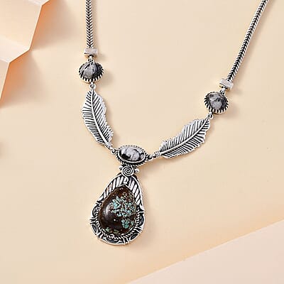 D'Joy Artisan Crafted Blue Horizon Turquoise, White Buffalo 17.65 ctw Feather Necklace in Black Oxidized Sterling Silver 18-20 Inches