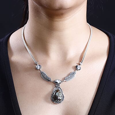 D'Joy Artisan Crafted Blue Horizon Turquoise, White Buffalo 17.65 ctw Feather Necklace in Black Oxidized Sterling Silver 18-20 Inches