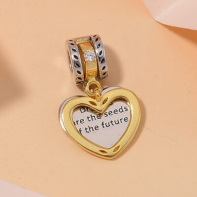 Simulated Diamond Two Hearts Charm in 14K Yellow Gold Over Sterling Silver