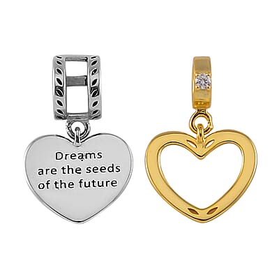 Simulated Diamond Two Hearts Charm in 14K Yellow Gold Over Sterling Silver