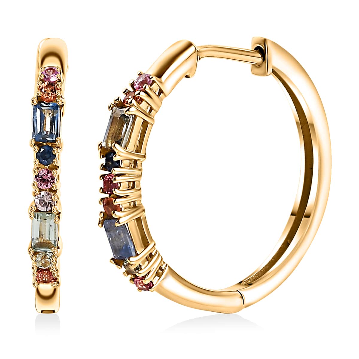 Multi Sapphire 0.65 ctw Art Deco Hoop Earrings in 18K Vermeil Yellow Gold Over Sterling Silver image number 0