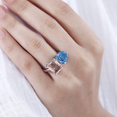 Morganique and Caribbean Quartz (Triplet) Heart Ring in Rhodium Over Sterling Silver (Size 10.0) 8.65 ctw