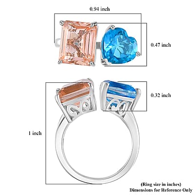Morganique and Caribbean Quartz (Triplet) Heart Ring in Rhodium Over Sterling Silver (Size 10.0) 8.65 ctw