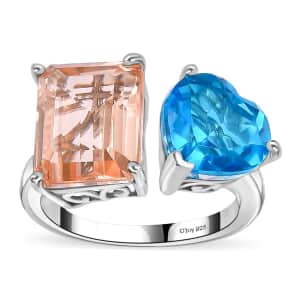 Morganique and Caribbean Quartz (Triplet) Heart Ring in Rhodium Over Sterling Silver (Size 7.0) 8.65 ctw