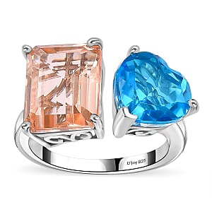 Morganique and Caribbean Quartz (Triplet) Heart Ring in Rhodium Over Sterling Silver (Size 9.0) 8.65 ctw