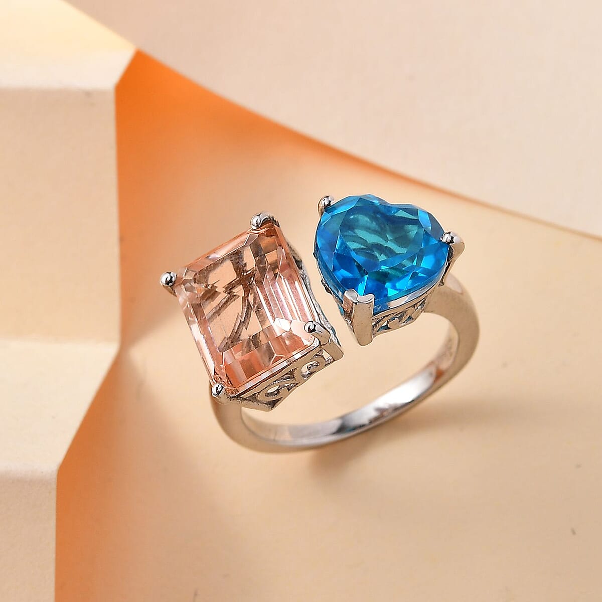 Morganique and Caribbean Quartz (Triplet) Heart Ring in Rhodium Over Sterling Silver (Size 9.0) 8.65 ctw image number 1