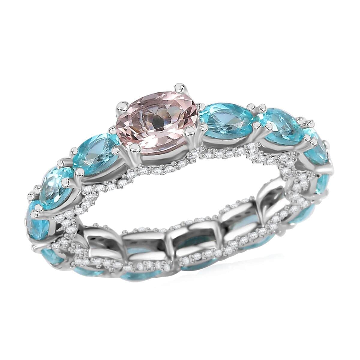 Premium Pink Morganite and Multi Gemstone Eternity Band Ring in Rhodium Over Sterling Silver 4.00 ctw image number 0