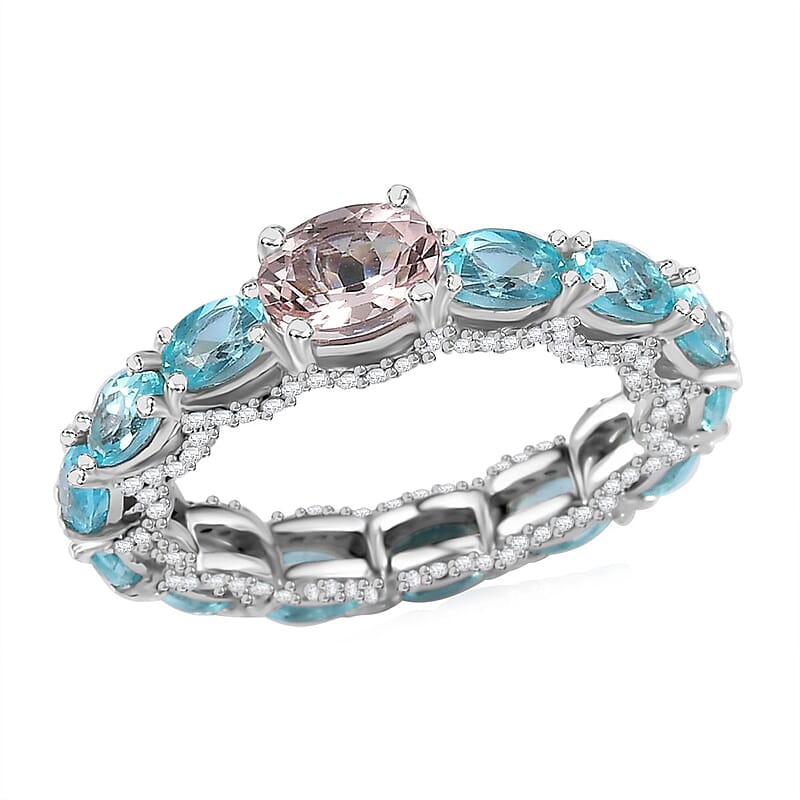 Premium Pink Morganite and Multi Gemstone Eternity Band Ring in Rhodium Over Sterling Silver (Size 6.0) 4.00 ctw