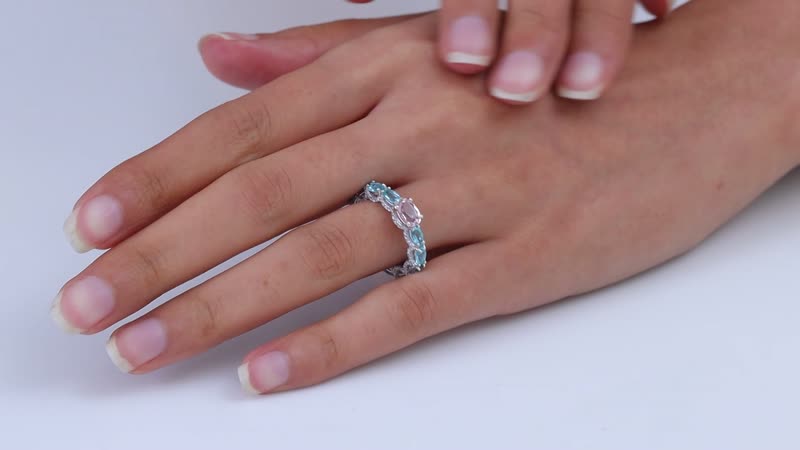Premium Pink Morganite and Multi Gemstone Eternity Band Ring in Rhodium Over Sterling Silver 4.00 ctw