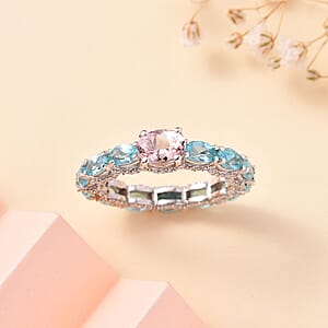 Premium Pink Morganite and Multi Gemstone Eternity Band Ring in Rhodium Over Sterling Silver (Size 6.0) 4.00 ctw
