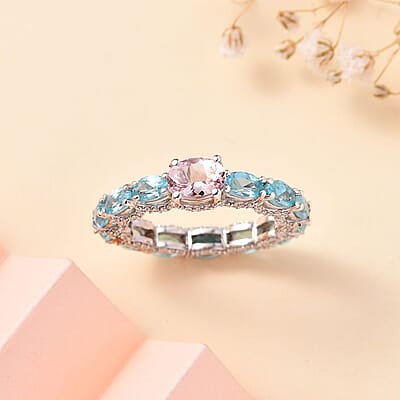 Premium Pink Morganite and Multi Gemstone Eternity Band Ring in Rhodium Over Sterling Silver (Size 6.0) 4.00 ctw