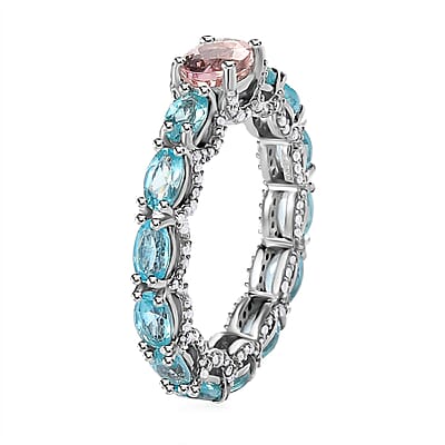 Premium Pink Morganite and Multi Gemstone Eternity Band Ring in Rhodium Over Sterling Silver (Size 6.0) 4.00 ctw