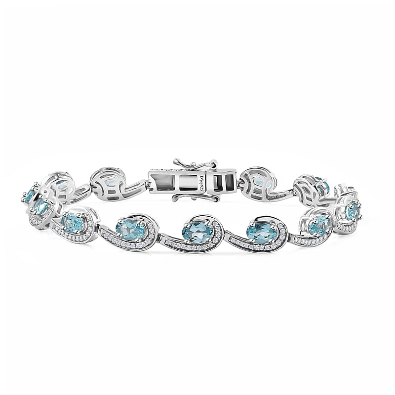 D'Joy Premium Betroka Blue Apatite and Moissanite 6.75 ctw Sea Waves Bracelet in Rhodium Over Sterling Silver (6.50 In)