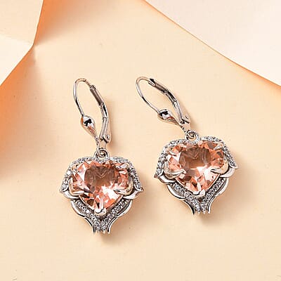 Morganique Quartz (Triplet) and White Zircon Heart Earrings in Rhodium Over Sterling Silver 9.60 ctw