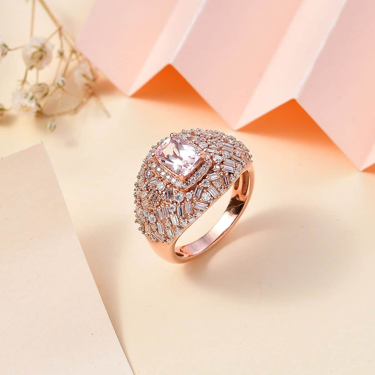 Premium Pink Morganite and Moissanite Dome Ring in 18K Vermeil Rose Gold Over Sterling Silver 2.65 ctw image number 1