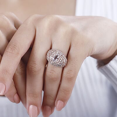 Premium Pink Morganite and Moissanite Dome Ring in 18K Vermeil Rose Gold Over Sterling Silver (Size 10.0) 2.65 ctw