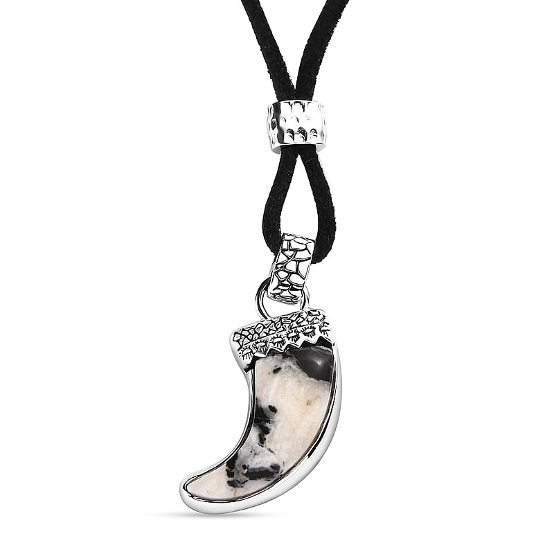 Artisan Crafted White Buffalo 10.50 ctw Bear Claw Necklace in Sterling Silver and Black Leather Cord 20 Inches