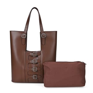 Italy Retro Noble Collection Brown Genuine Leather Tote Bag with Small Cosmetic Bag