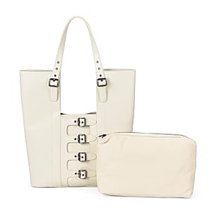 Italy Retro Noble Collection Off White Genuine Leather Tote Bag with Small Cosmetic Bag