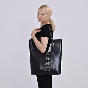 Italy Retro Noble Collection Black Genuine Leather Tote Bag with Small Cosmetic Bag