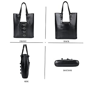 Italy Retro Noble Collection Black Genuine Leather Tote Bag with Small Cosmetic Bag