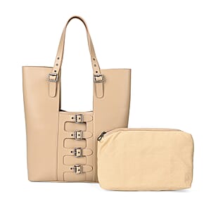 Italy Retro Noble Collection Khaki Genuine Leather Tote Bag with Small Cosmetic Bag