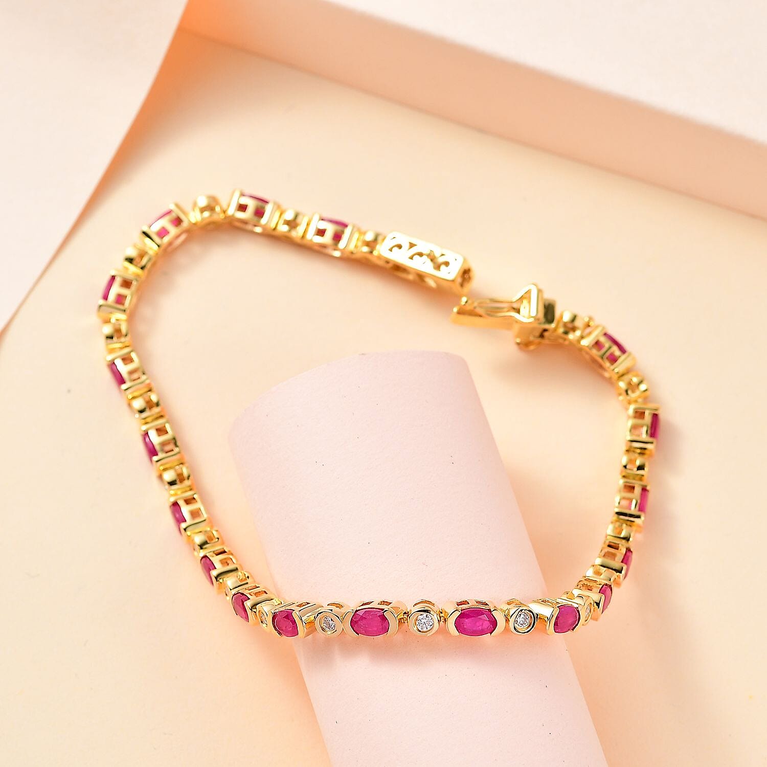 Montepuez Ruby and Moissanite Art Deco Bracelet in 18K Vermeil Yellow Gold Over Sterling Silver (6.50 In) 5.00 ctw