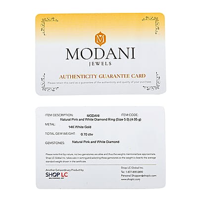 Modani Natural Pink and White Diamond 0.70 ctw Ring in 14K White Gold (Size 5.0) 4.05 Grams