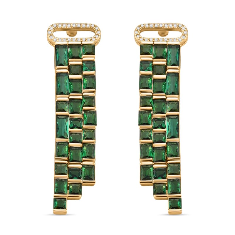 Green Glass and Simulated Diamond Earrings in Goldtone