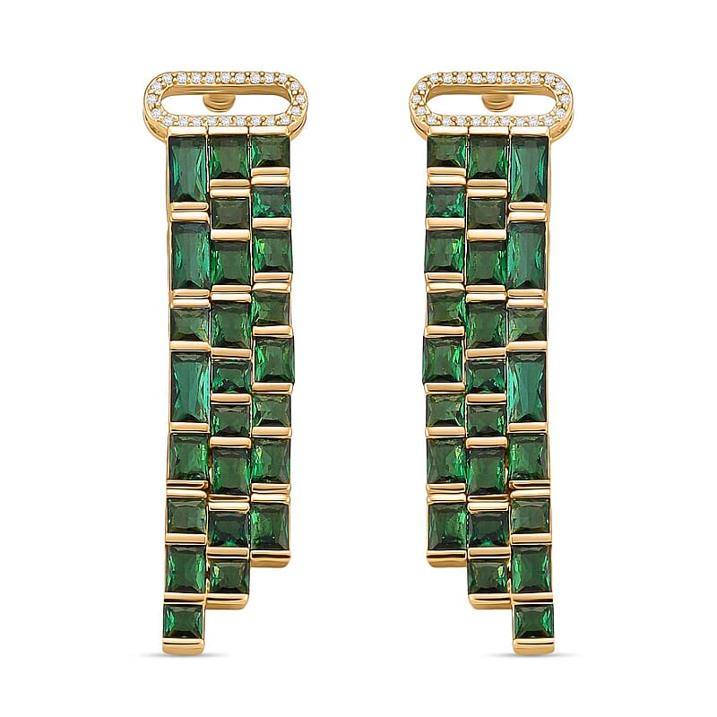Green Glass and Simulated Diamond Earrings in Goldtone