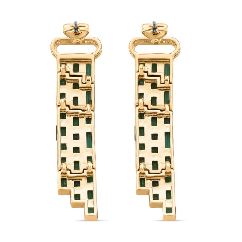 Green Glass and Simulated Diamond Earrings in Goldtone