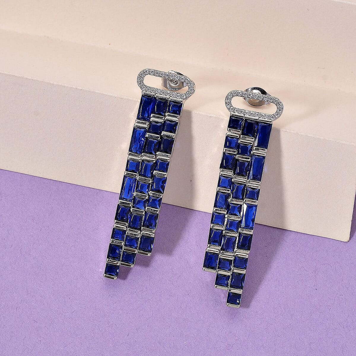 Blue Glass and Simulated Diamond Earrings in Silvertone image number 1