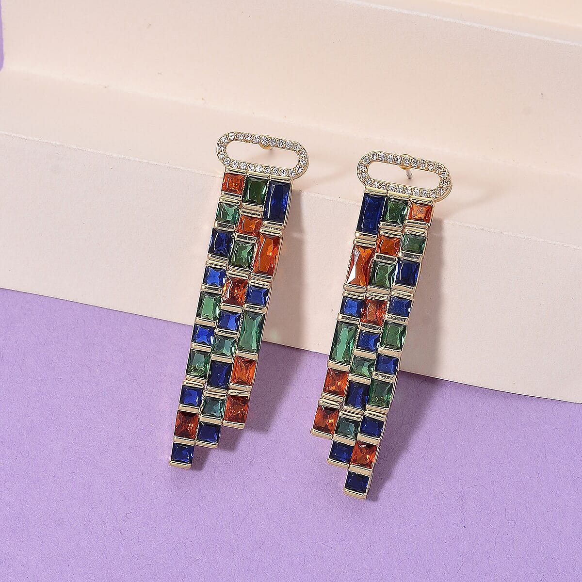 Multi Glass and Simulated Diamond Earrings in Goldtone image number 1